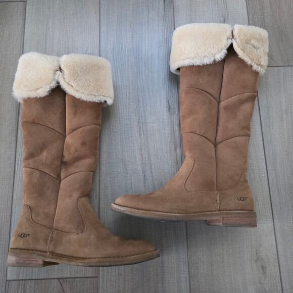 UGG Sibley Knee Tall Sheepskin Lined Suede Camel Brown Boots Women Sz 8.5 - Picture 3 of 14